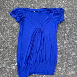 Soprano Blue V-Neck Ruched Sleeve Tunic Top Stretchy Women’s